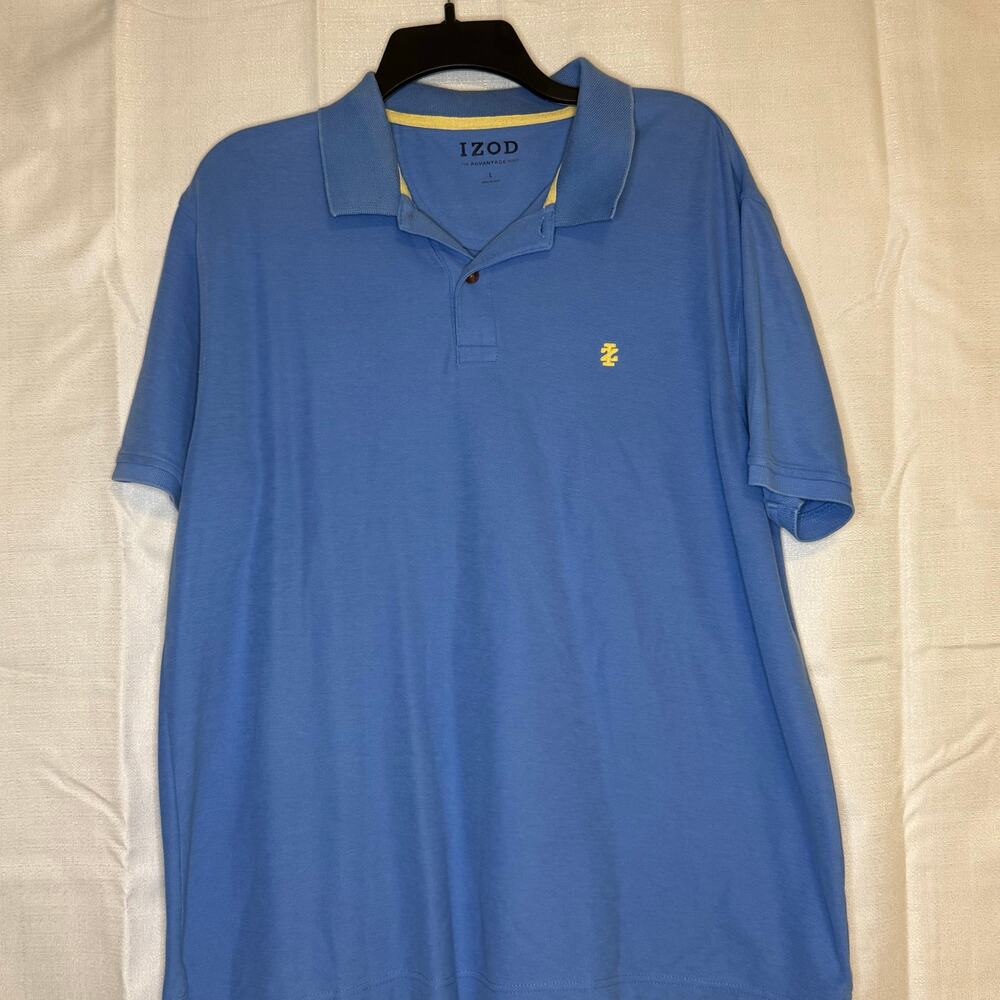 IZOD Advantage Polo Shirt Men’s Large Blue Yellow Logo Cotton Blend Golf